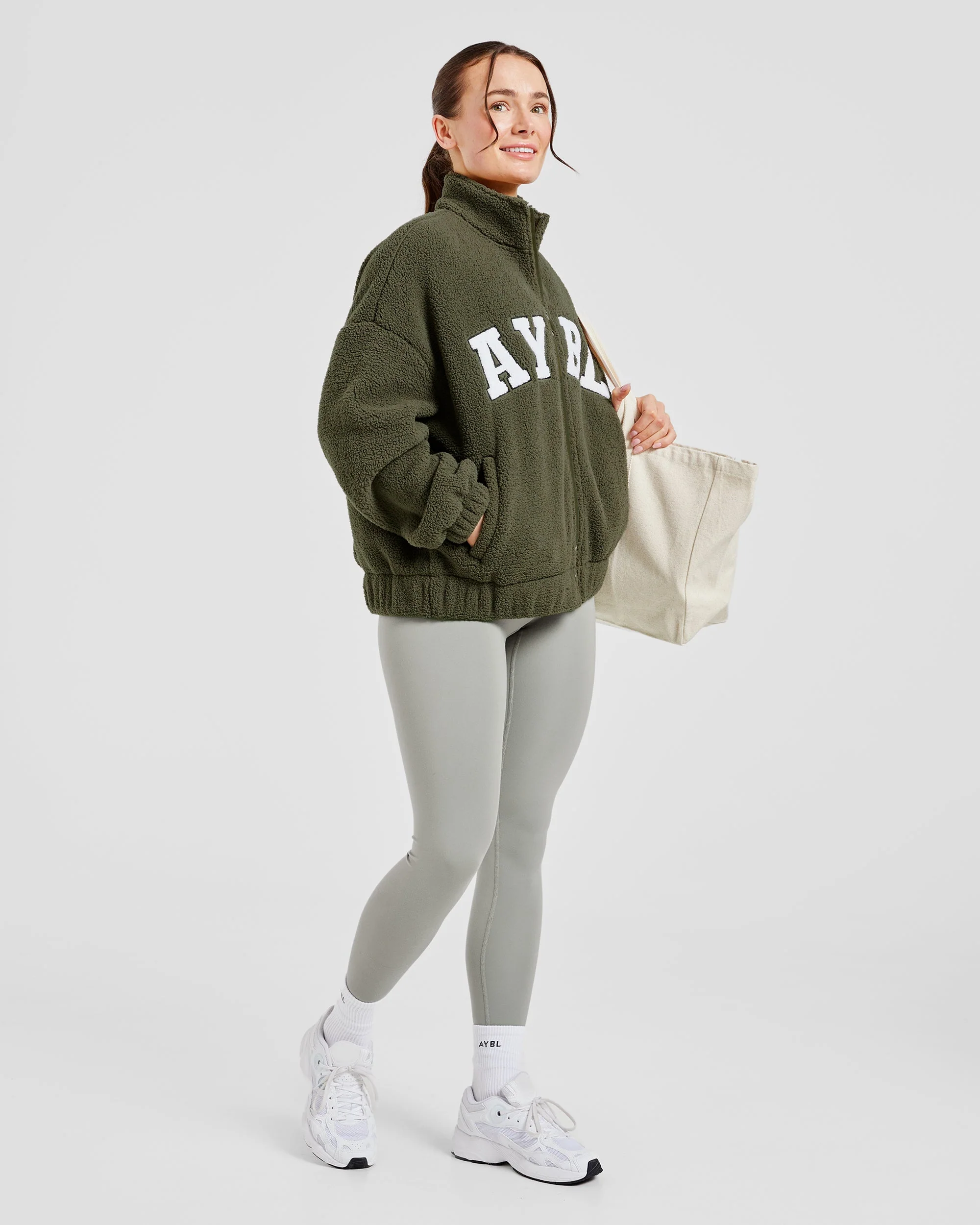Varsity Oversized Fleece Zip Up Jacket - Khaki Green - Image 8
