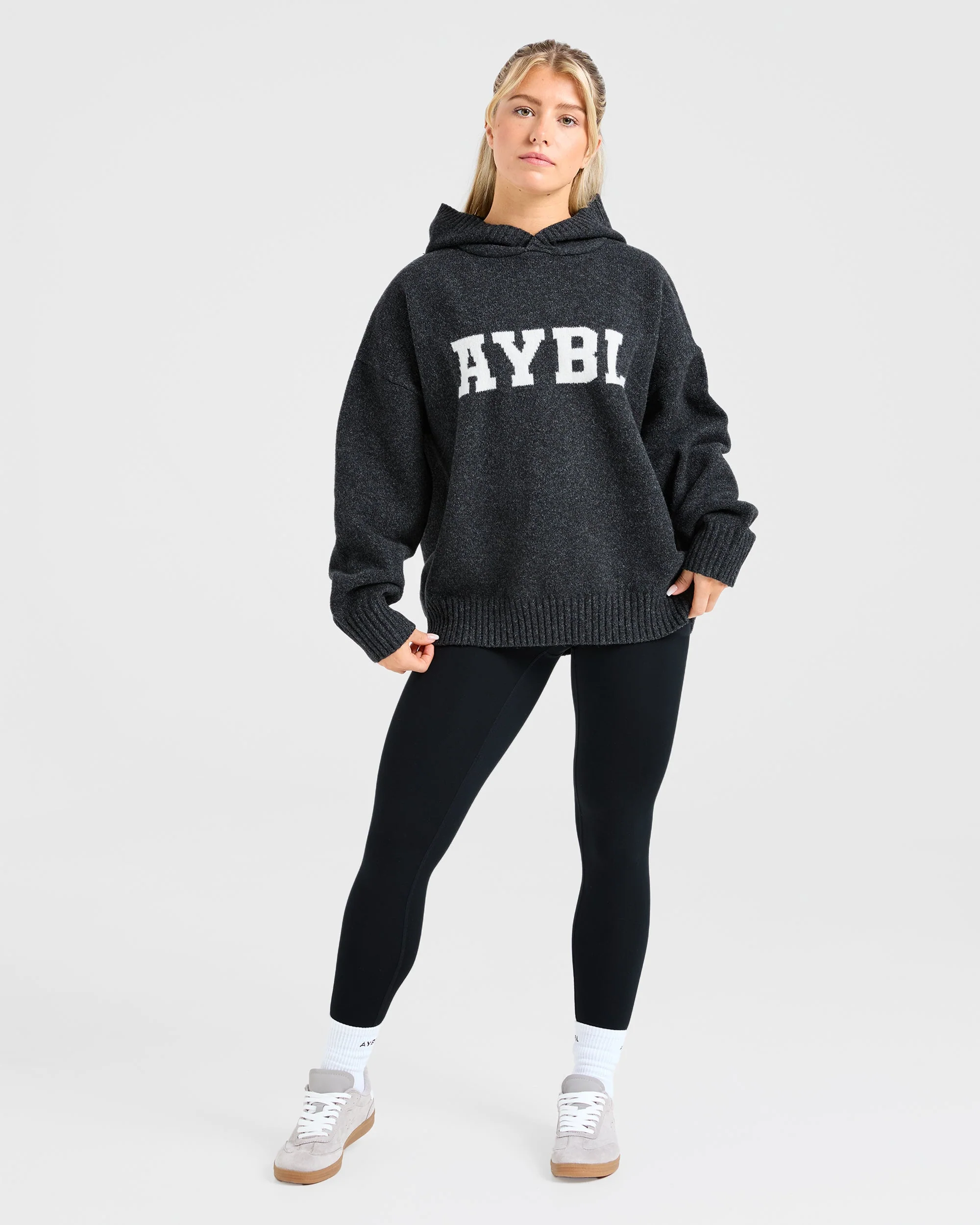 Varsity Oversized Knitted Hoodie - Charcoal - Image 3