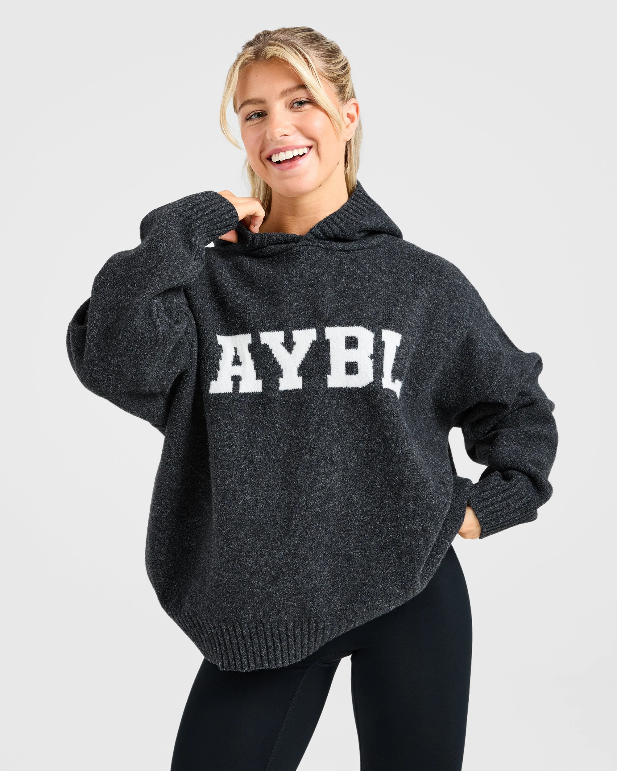 Varsity Oversized Knitted Hoodie - Charcoal - Image 7