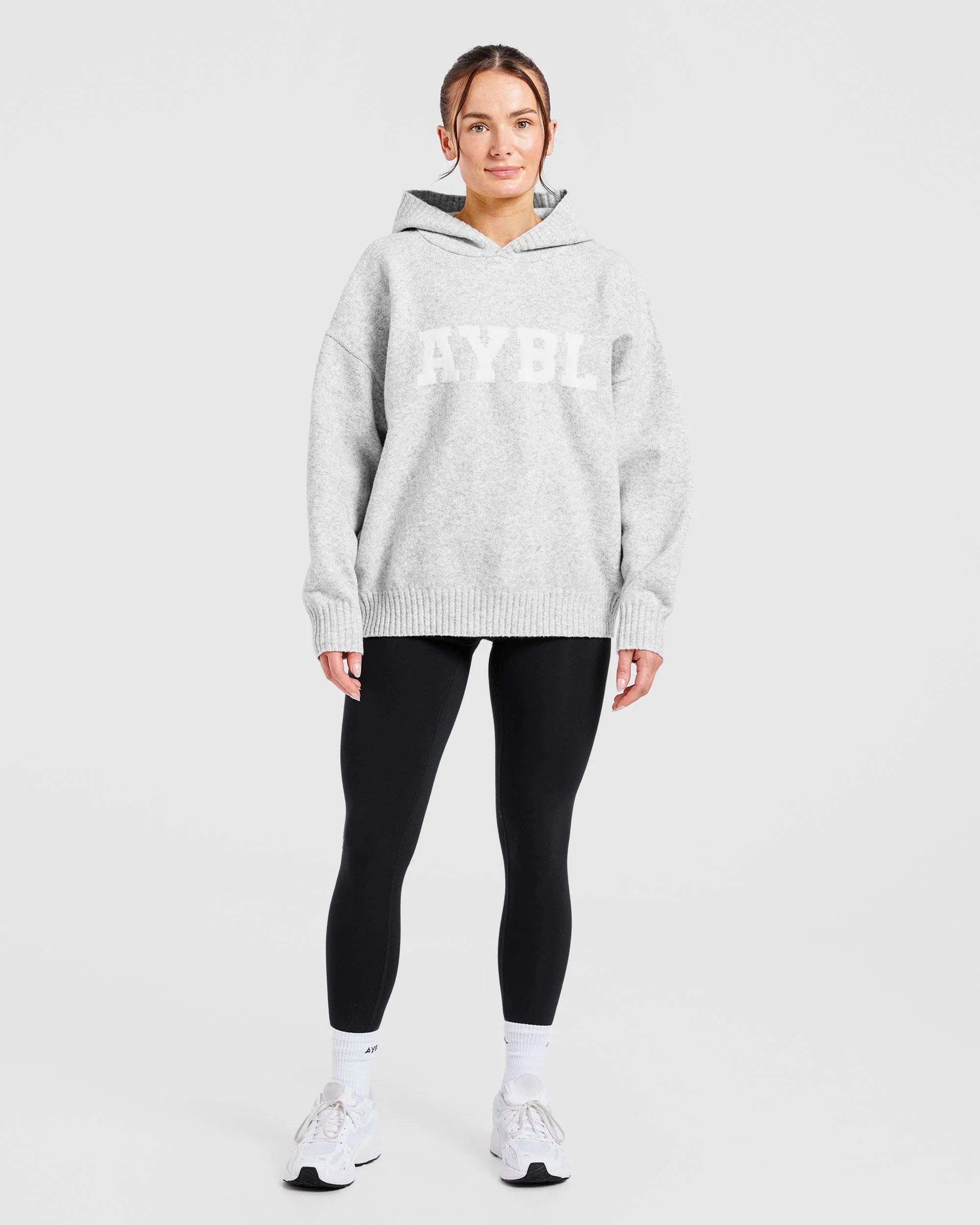 Varsity Oversized Knitted Hoodie - Grey Marl - Image 3