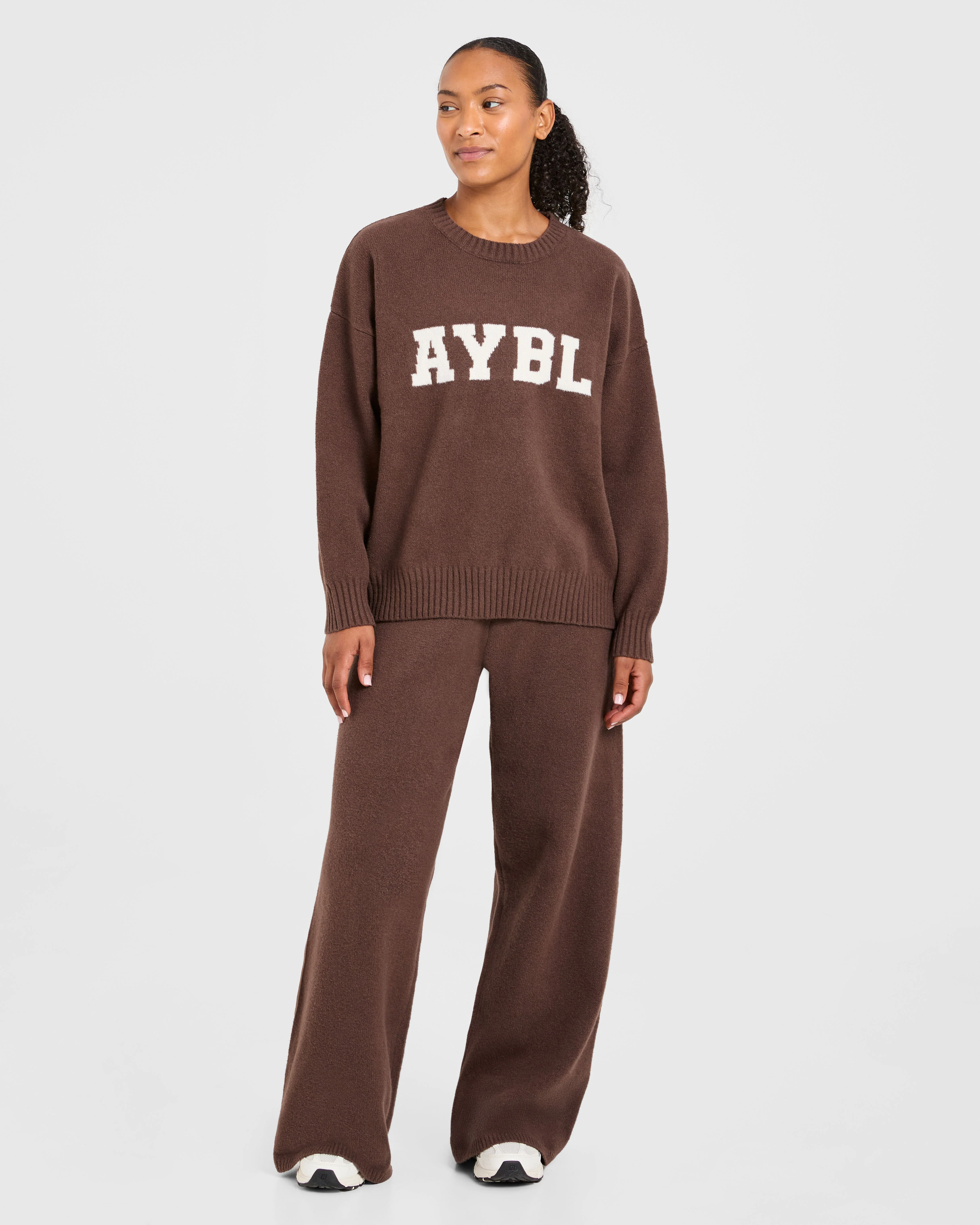 Varsity Oversized Knitted Joggers - Brown - Image 3