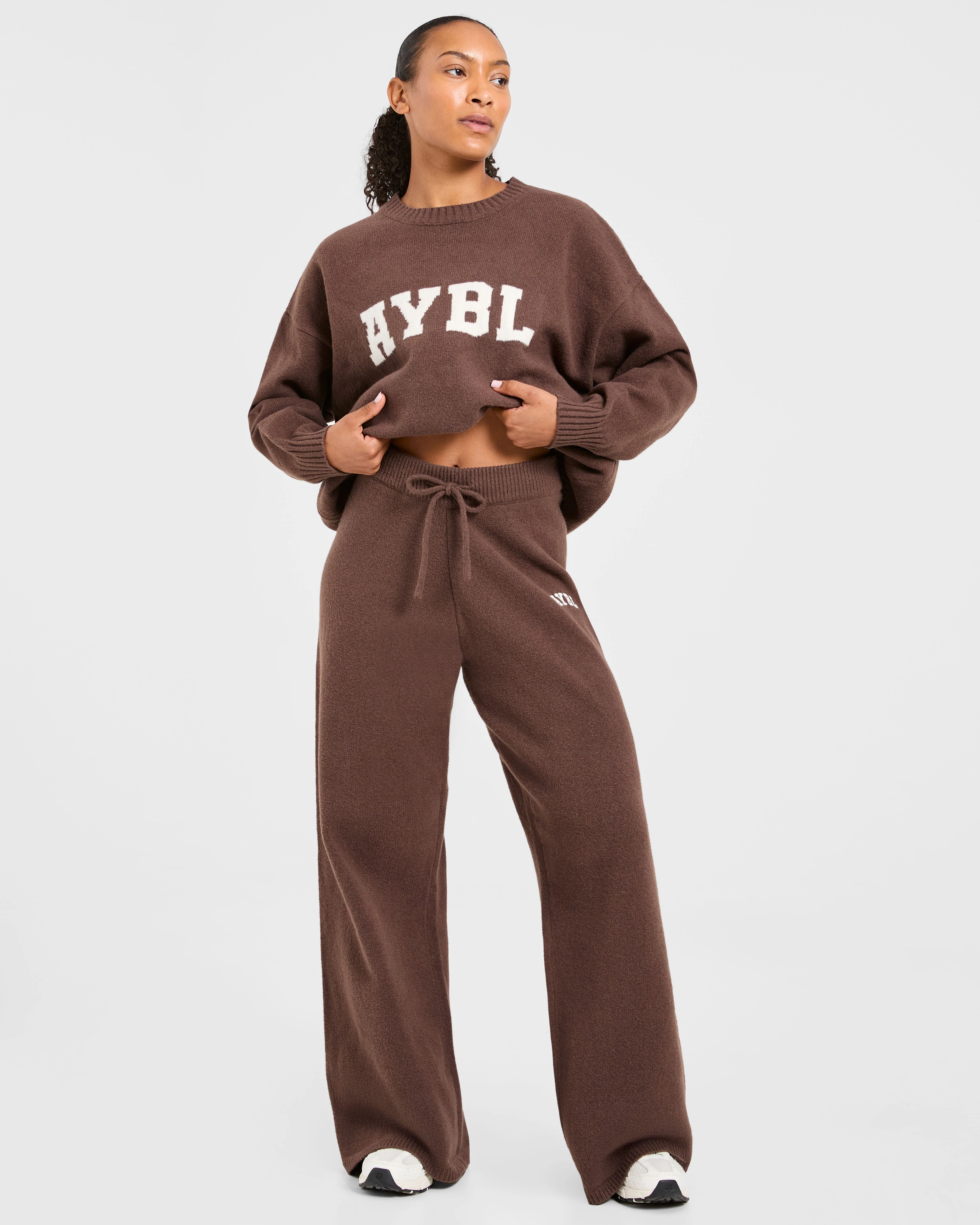 Varsity Oversized Knitted Joggers - Brown - Image 7