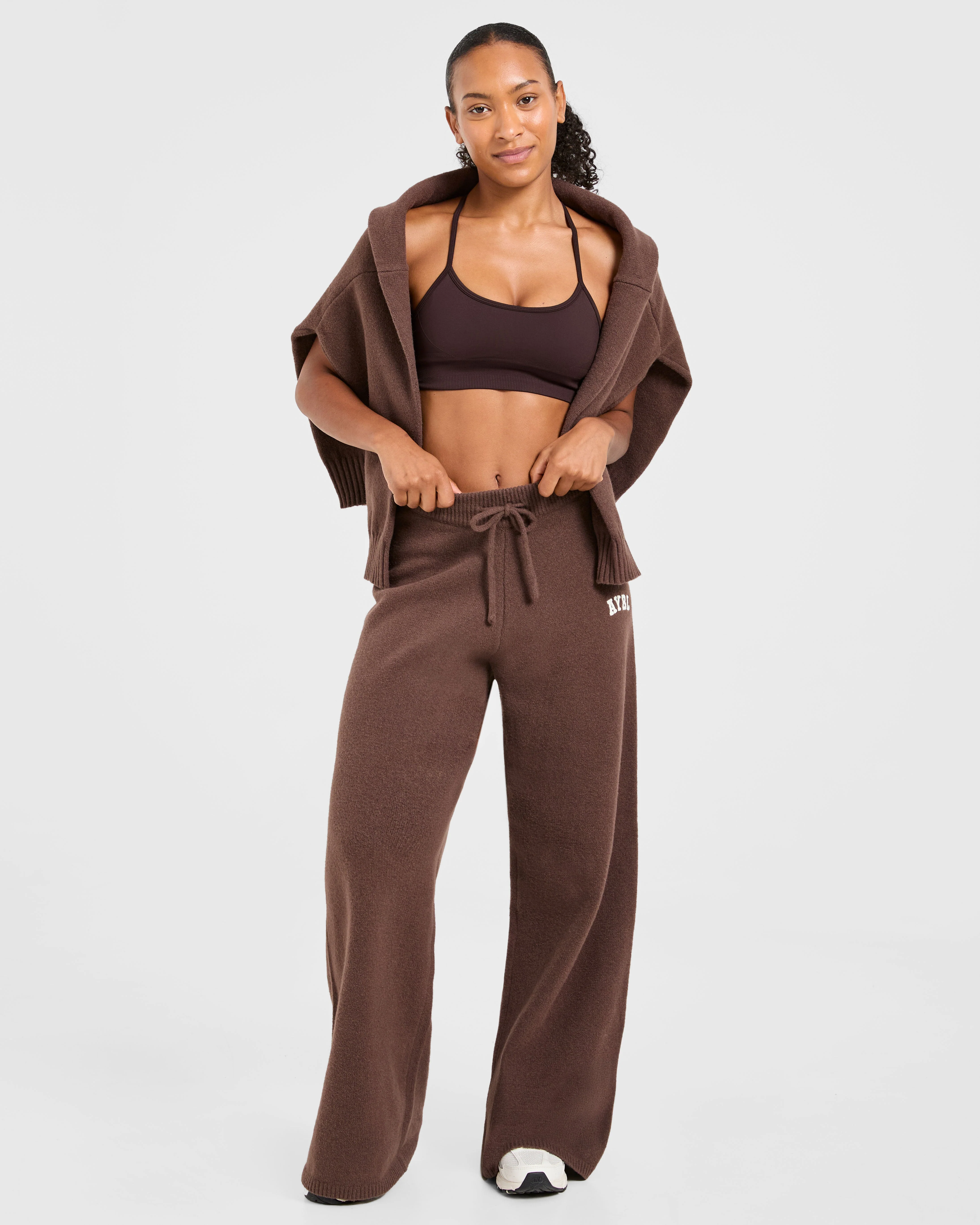 Varsity Oversized Knitted Joggers - Brown - Image 8