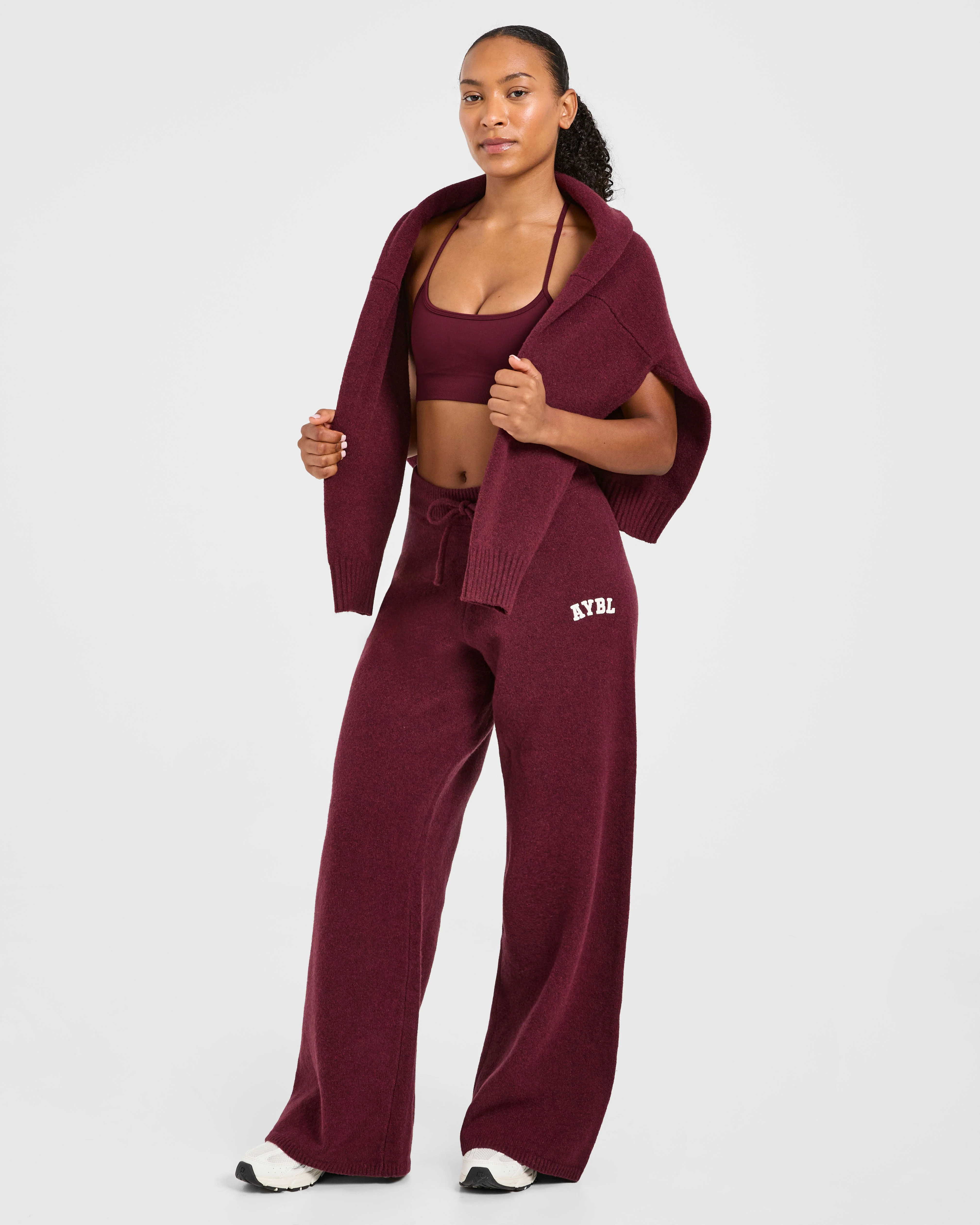 Varsity Oversized Knitted Joggers - Burgundy - Image 8